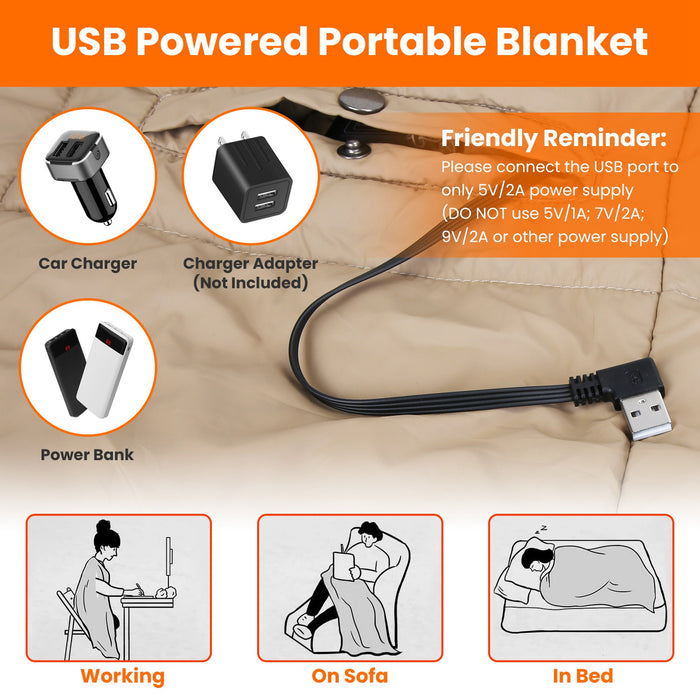 USB Heated Blanket Electric Heated Poncho Shawl Wrap Throw with Zipper Arm Holes Pocket 3 Heating Levels 6 Zones Dual Switch 5V/2A Machine Washable for Home Office Outdoor - DOACEWear