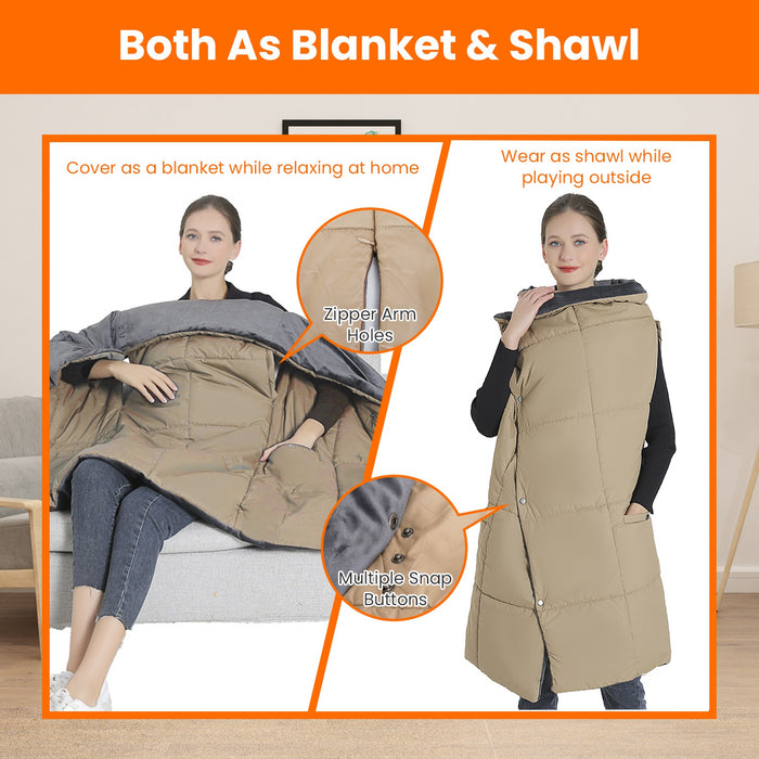 USB Heated Blanket Electric Heated Poncho Shawl Wrap Throw with Zipper Arm Holes Pocket 3 Heating Levels 6 Zones Dual Switch 5V/2A Machine Washable for Home Office Outdoor - DOACEWear